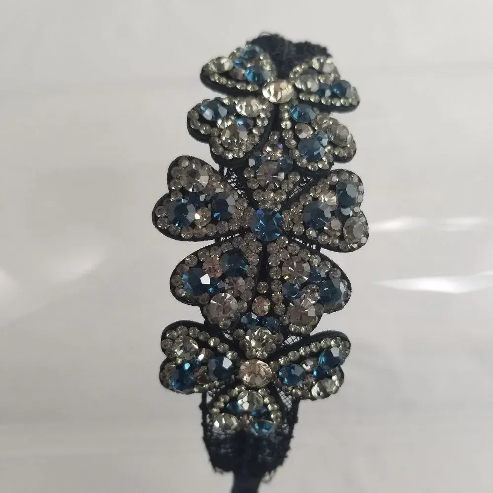 Blue Gunmetal Crystals Floral Black Lace Hair Band